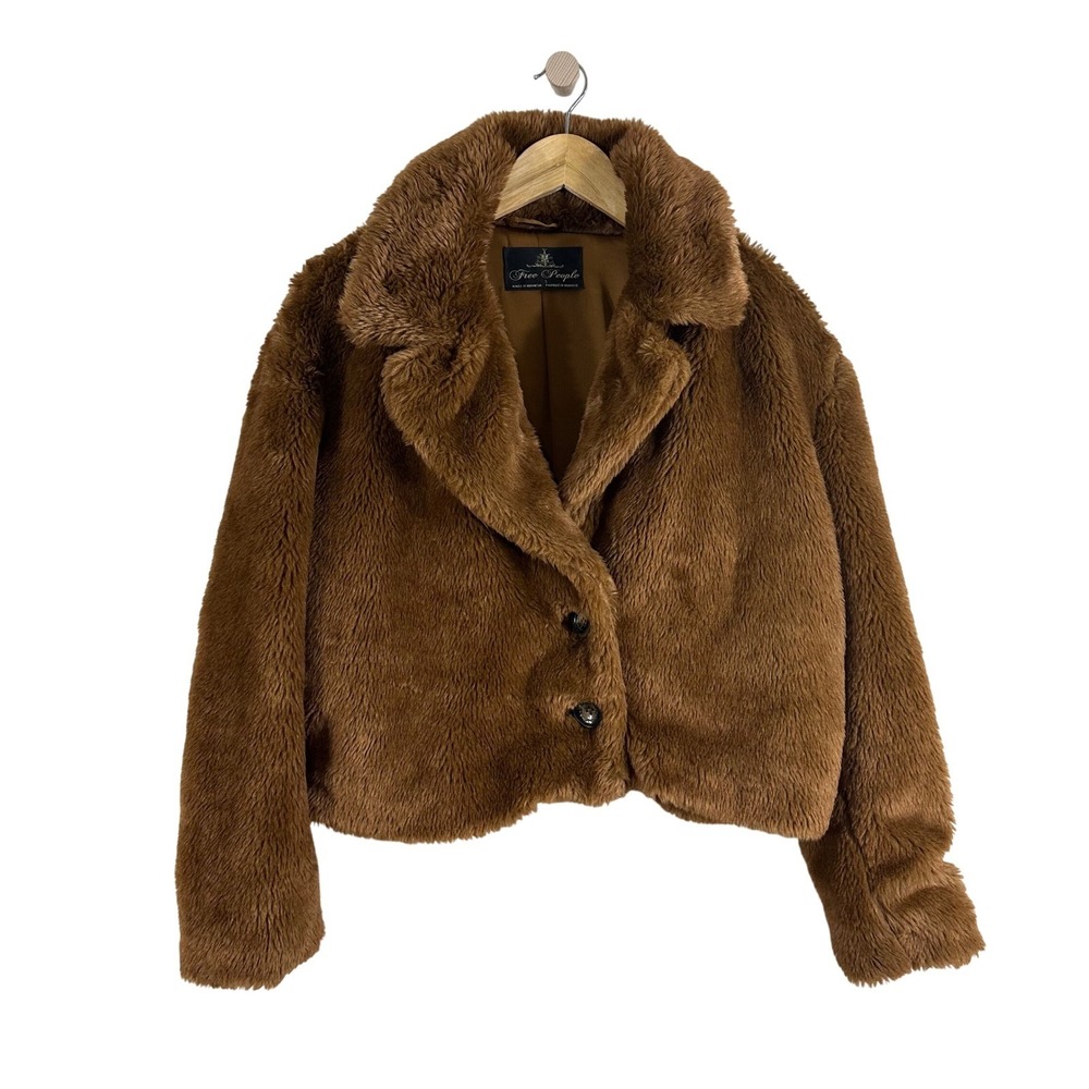 Free People Brown Faux Fur Teddy Jacket Cropped Button Front Small S